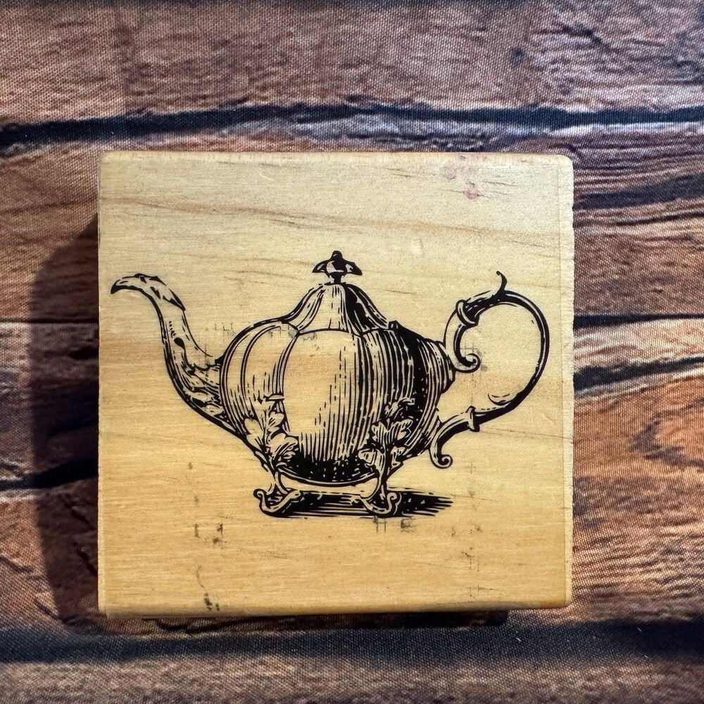 Ornate Teapot Rubber Stamp Wooden Block Mounted Craft Scrapbooking Art Cards